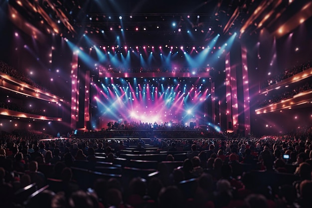 Zatłoczona sala koncertowa ze światłami scenicznymi w niebieskich odcieniach występów rockowych z sylwetkami ludzi