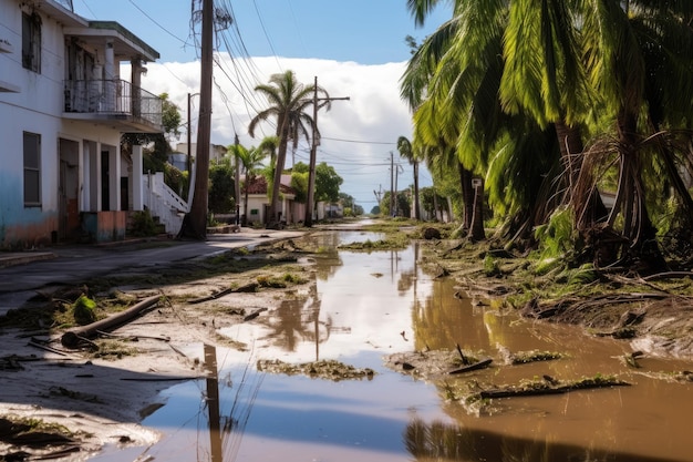 Zdjęcie zatopione ulice na tropikalnej wyspie po huraganie