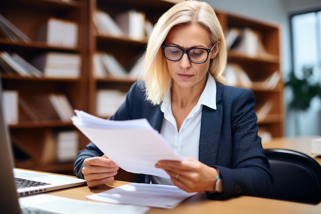 Zatrudniona 40-letnia kobieta biznesowa pracująca w biurze Generatywna sztuczna inteligencja