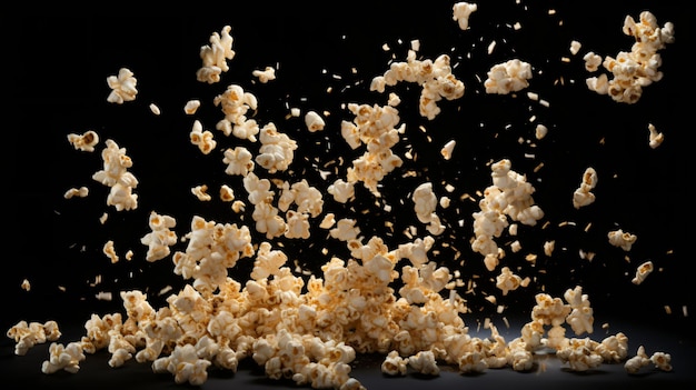 Zatrzymaj ruch latającego popcornu ze złotym karmelem na czarnym tle Lewitujące jedzenie