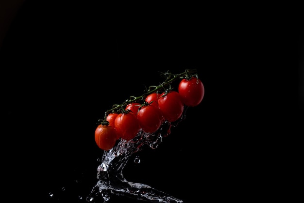 Zatrzymaj ruch. Pomidory czereśniowe na czarnym tle z bryzgającą wodą