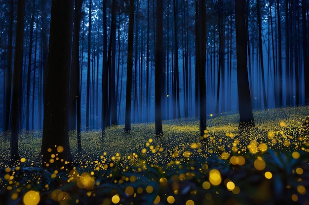 Zauroczona scena lasu z świetlikami w nocy