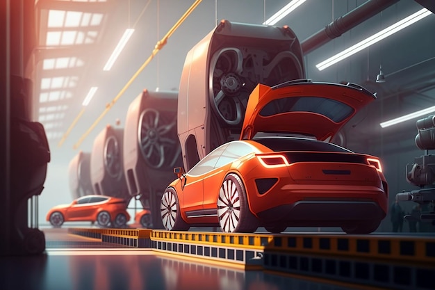Zautomatyzowana fabryka pojazdów, w której roboty są używane do montażu samochodów z precyzyjną generatywną sztuczną inteligencją