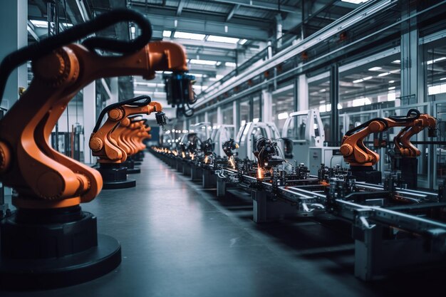 Zautomatyzowana linia montażowa ramienia robota produkująca zaawansowane technologicznie pojazdy elektryczne, stworzona przy użyciu Generative AI