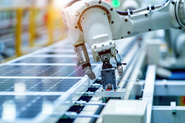 Zautomatyzowana linia produkcyjna z białym ramieniem robota do montażu paneli słonecznych