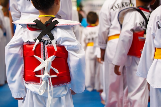 Zawodnicy Taekwondo w mundurach i czerwonej zbroi