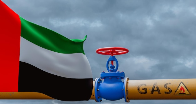 Zawór gazowy Zjednoczone Emiraty Arabskie na głównym gazociągu Rurociąg Zjednoczone Emiraty Arabskie z flagą Zjednoczonych Emiratów Arabskich