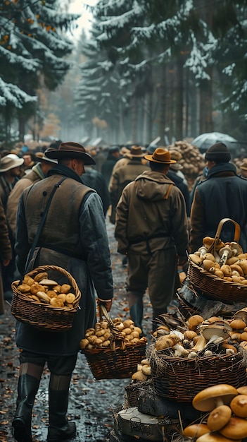 Zdjęcie zbieracze grzybów sprzedają dzikie grzyby na targu leśnym rynek tradycyjny i kulturowy zdjęcie