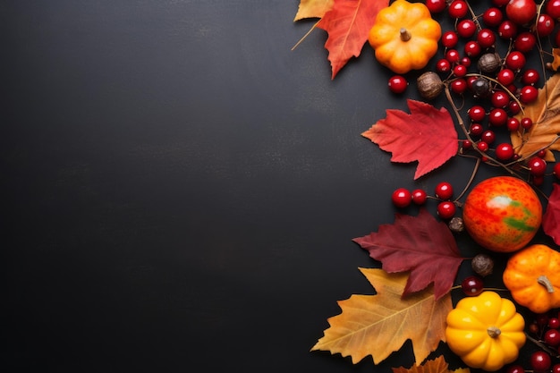 Zbieranie esencji Święta Dziękczynienia Żywy jesienny dekor z suchych liści czerwonych jagód i dyni