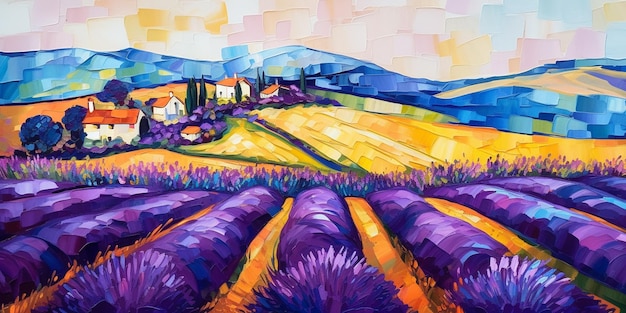 Zbieranie piękna na polach lawendowych Malowidło olejne w odważnych kolorach