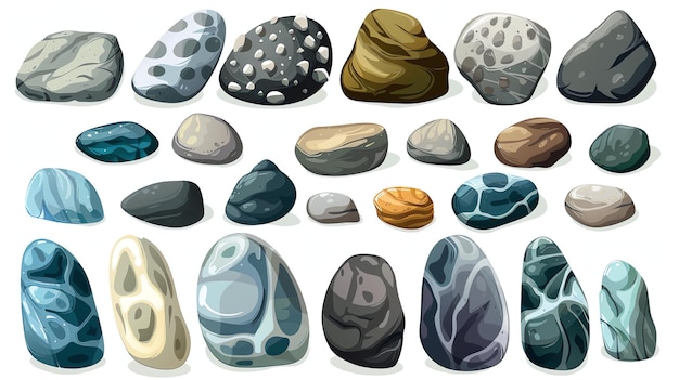 Zbiór 20 ręcznie narysowanych ilustracji wektorowych różnych skał i kamieni skały mają różne kształty, rozmiary i kolory