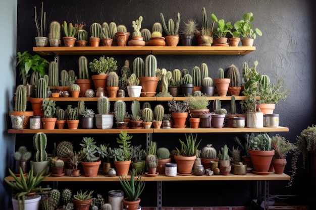 Zbiór gatunków kaktusów w garnkach na półce stworzonej za pomocą generatywnych ai