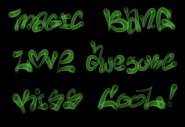 Zbiór graffiti street art tagów z słowami i symbolami w kolorze zielonym na czarnym