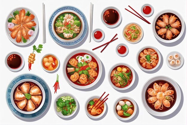 zbiór ilustracji pysznych chińskich potraw odpowiednich dla menu restauracji lub banerów