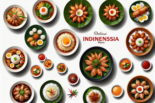 zbiór ilustracji pysznych indonezyjskich potraw odpowiednich do menu restauracji lub banne