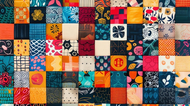 Zdjęcie zbiór kolorowych kwadratów patchwork w różnych wzorach i kolorach