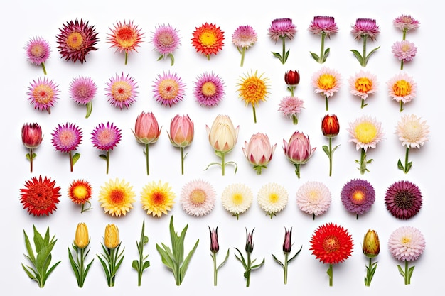 Zbiór liści kwiatów TopView i pastelowe obrazy odizolowanych indywidualnych kwiatów ogrodowych na