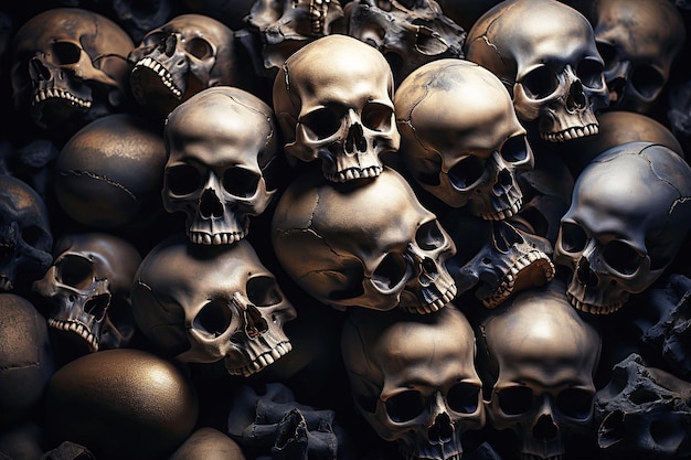 Zdjęcie zbiór ludzkich czaszek i kości zmarłych w starożytnej krypcie grób pochówku szkielety w ciemnym przerażające katakomby lochu