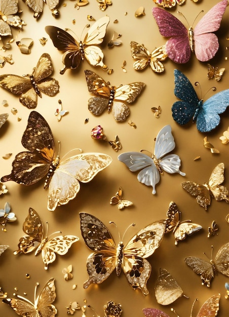 zbiór motyli z złotymi i różowymi kwiatami