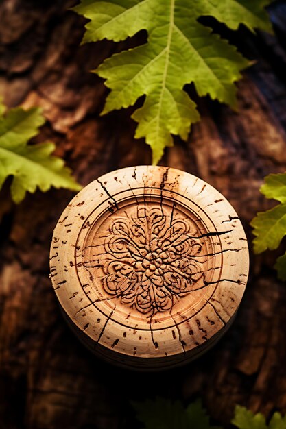 Zbiór okrągłych kart korkowych przymocowanych do gałęzi winorośli z brązową i vintage naturą