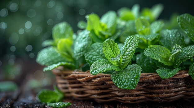 Zbiór organicznych liści mięty na drewnianym stole, zbliżenie, selektywne skupienie, mięta pieprzowa w małym koszyku na naturalnym drewnie