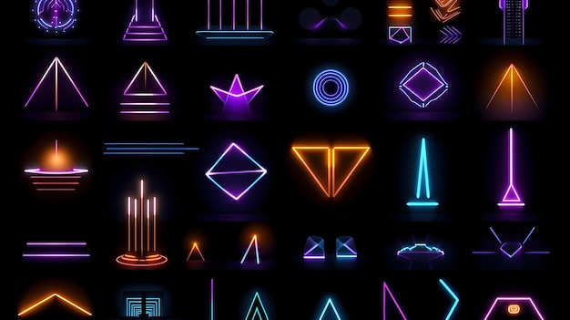 Zdjęcie zbiór prostych elementów geometrycznych zestaw ikon neonowych izolowanych na czarnym tle świecący
