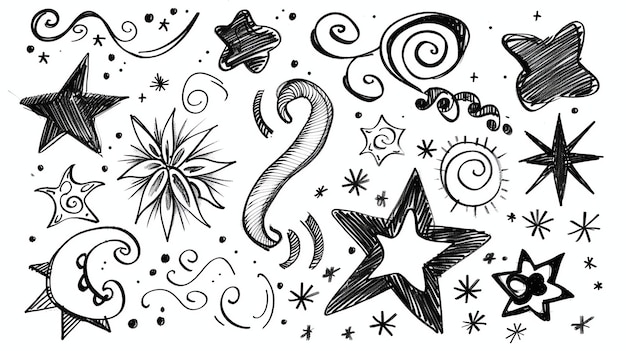 Zbiór ręcznie narysowanych gwiazd, wirów i innych elementów dekoracyjnych