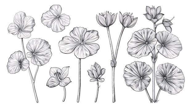 Zbiór ręcznie narysowanych monochromatycznych rysunków liści i kwiatów Centella asiatica w stylu grawerowanym do użycia na etykietach, naklejkach, menu i opakowaniach