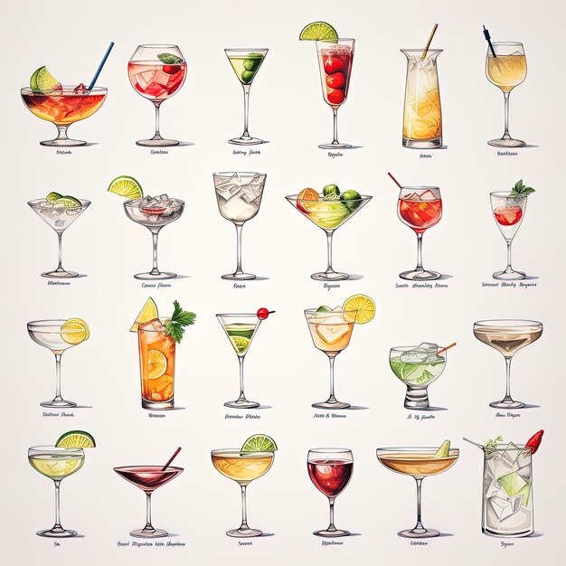 Zdjęcie zbiór różnych napojów, w tym owoców, owoców i napojów