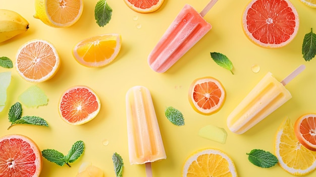 Zbiór różnych owoców na żółtym tle Fruit popsicle and lemon top view summer co