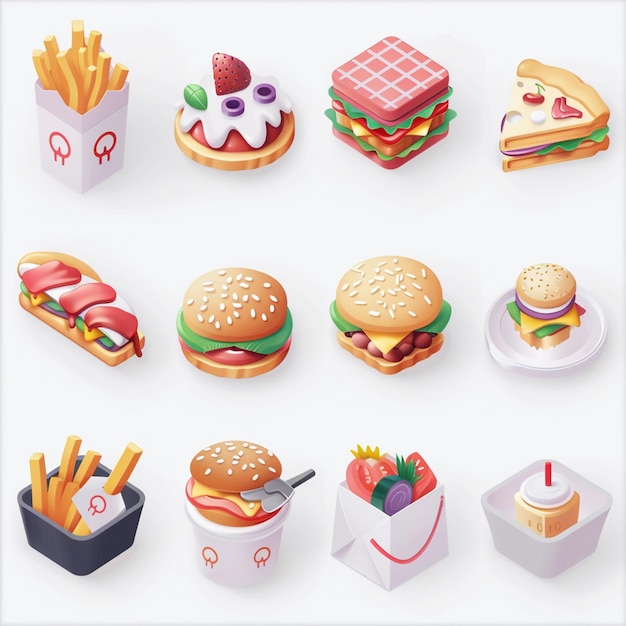 zbiór różnych rodzajów żywności, w tym hamburger frytki i pudełko jedzenia