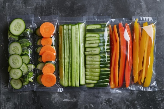 Zdjęcie zbiór różnych świeżych warzyw zapakowanych w plastikowe torby doskonały do użycia w receptach, blogach kucharskich lub artykułach o zdrowym stylu życia