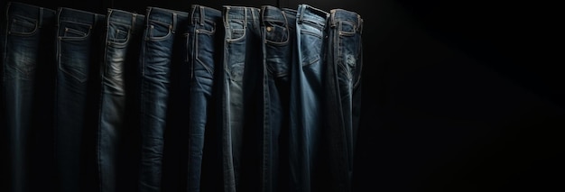 Zbiór różnych wzorów kolorystycznych dżinsowych spodni z rzędu czarnego tła wygenerowanego przez AI