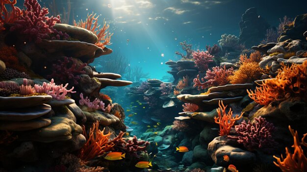 Zbiór ryb w głębinie morza wydaje się być w akwarium ze względu na jego piękno.