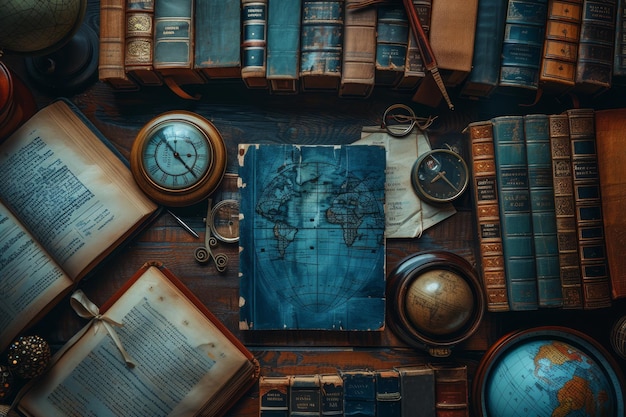 zbiór starych książek, w tym mapę świata i kompas