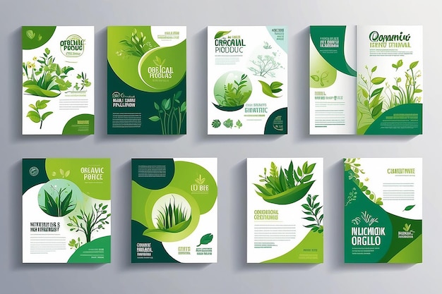 Zdjęcie zbiór szablonów okładki broszury o produktach naturalnych i ekologicznych oraz szablonów układu ulotki