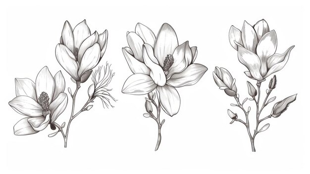 Zbiór szkiców kwiatów magnolii z linią sztuki na białym tle Czarno-białe ilustracje botaniczne Nowoczesne pliki
