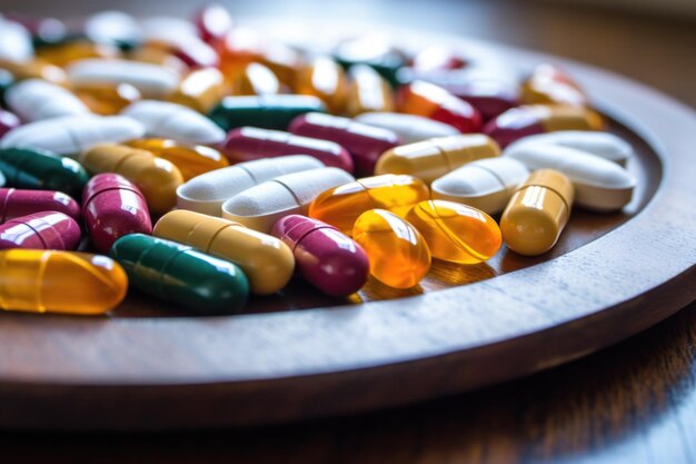 Zdjęcie zbiór tabletek zawierających suplementy hormonalne na tacy