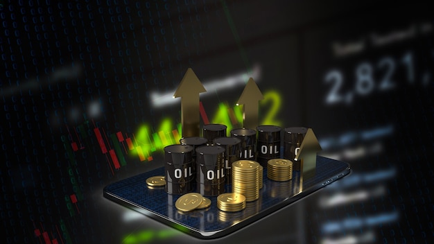 Zbiornik oleju na tablecie i złota strzałka w górę dla energii lub koncepcji biznesowej naftowej renderowania 3d