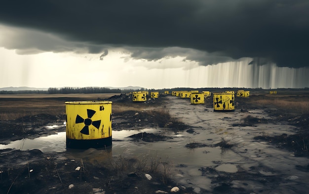 Zdjęcie zbiorniki do przechowywania substancji radioaktywnych z ostrzeżeniem dotyczącym substancji chemicznych