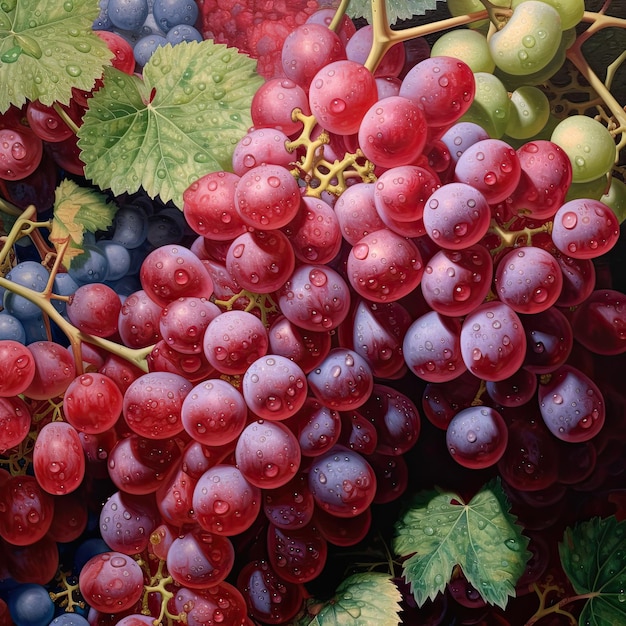 Zbiory czerwonych soczystych winogron z bliska z zielonymi liśćmi