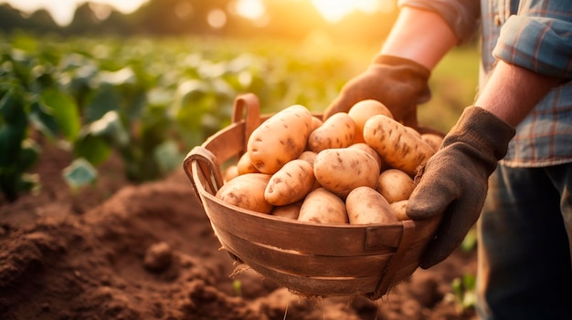 Zbiory ziemniaków w rękach rolnika Generative AI Food