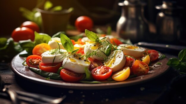 Zdjęcie zbliż delikatne włoskie jedzenie zdrowa sałatka z pomidorami mozzarelli i origanem na ciemnym tle
