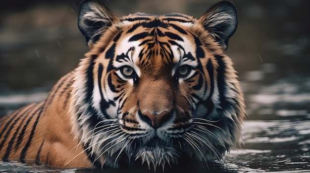 Zbliż portret dzikiego drapieżnika tygrysa patrząc lub patrząc w kamerę i wyjść z wody