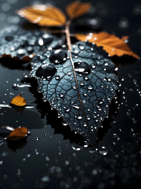 Zbliż realistyczny obraz czarnego liścia z kropelkami wody