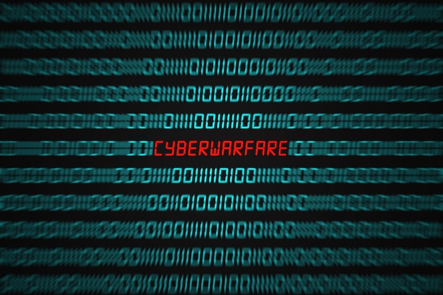 Zbliż się do czerwonego słowa Cyberwarfare ukrytego w środku sekwencji kodu binarnego