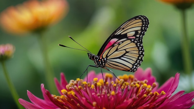 Zbliżaj skrzydła motyla, gdy ląduje na tętniącym kwiatem.