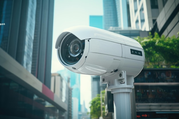 Zbliżająca się futurystyczna kamera bezpieczeństwa na ulicy inteligentnego miasta Kontrola wideo