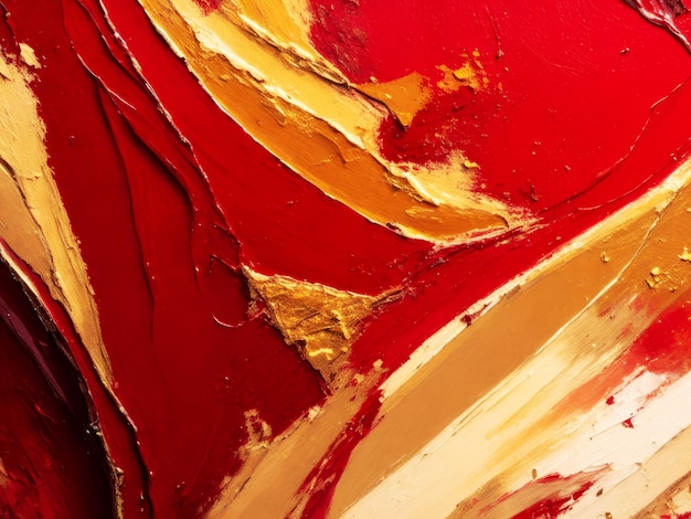 Zbliżenie abstrakcyjnej, szorstkiej, czerwonej i złotej tekstury malarstwa artystycznego z pociągnięciem pędzla olejnego