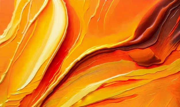 Zbliżenie abstrakcyjnej, szorstkiej, pomarańczowej i złotej tekstury malarstwa artystycznego z pociągnięciem pędzla olejnego